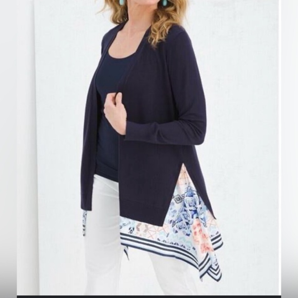 CHICO’S  Navy Blue Scarf Hem Cardigan‎ Sweater Careerwear Transitional